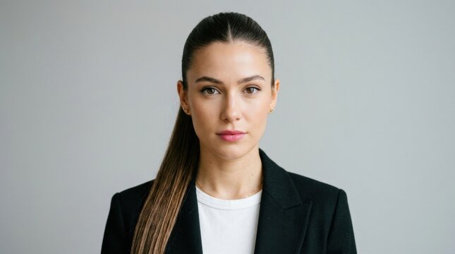 Close-up portrait of a young woman with neutral Elegant striking green eyes