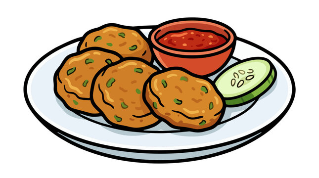 Thai Fried Fish Cakes Tod Mun Pla with Dipping Sauce Vector Illustration