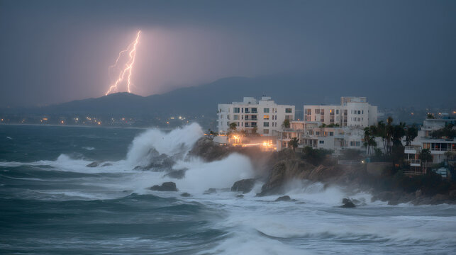 Coastal storm with huge waves crashing into buildings