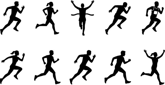 Marathon Runner silhouette icon set, flat black glyph style, pure white background