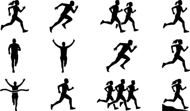 Marathon Runner silhouette icon set, flat black glyph style, pure white background