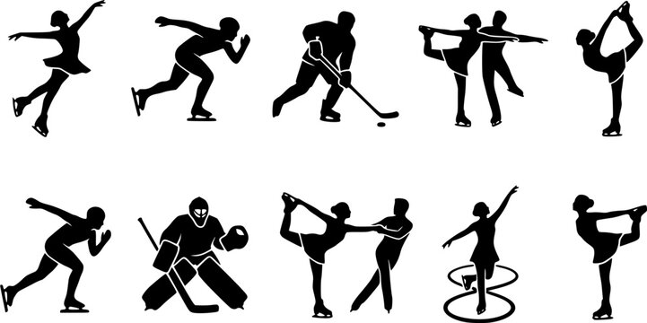 Skiing & Snowboarding silhouette icon set, flat black glyph style, pure white background