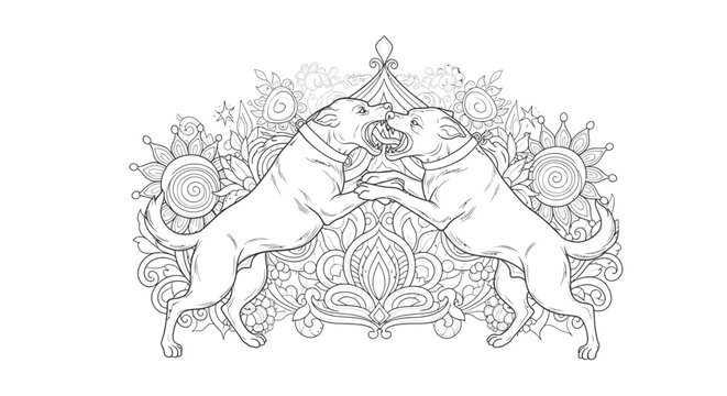 Two dogs facing each other in ornate circular frame