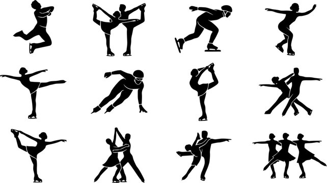 Skiing & Snowboarding silhouette icon set, flat black glyph style, pure white background