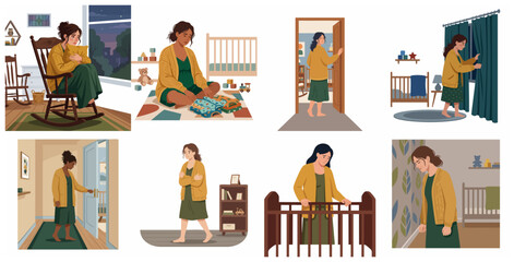 Postpartum Depression and Mental Health Concept Set with Sad Woman in Baby Nursery Room