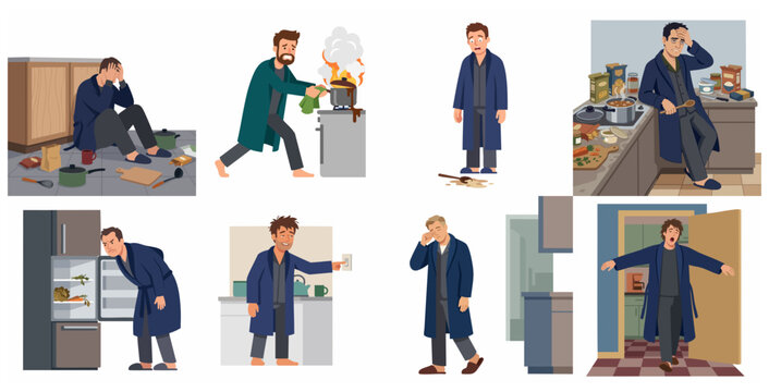 Stressed and exhausted man dealing with domestic failures, messy kitchen, and burnout at home, flat vector illustration set