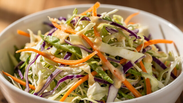 Fresh Crunchy Coleslaw Salad with Creamy Dressing in Bowl