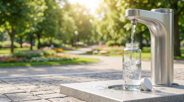 Public drinking water refill station in a city park. Free clean drinking water, reusable bottle, hydration, sustainable lifestyle, and public health concept