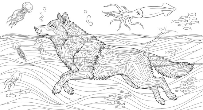 Wolf swimming underwater with jellyfish and giant squid illustration.