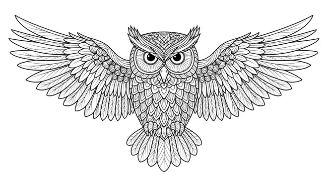 Symmetrical zentangle owl with wide spread wings