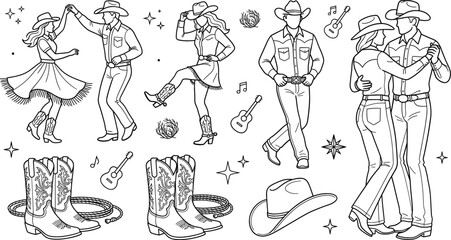 Cowboy line dancing vector icon set with country western dancers boots hats guitar music couple western doodle clipart © MdShakib
