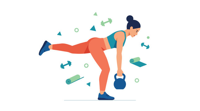 Woman performing single leg deadlift exercise with kettlebell.