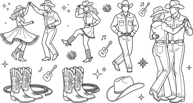 Cowboy line dancing vector icon set with country western dancers boots hats guitar music couple western doodle clipart