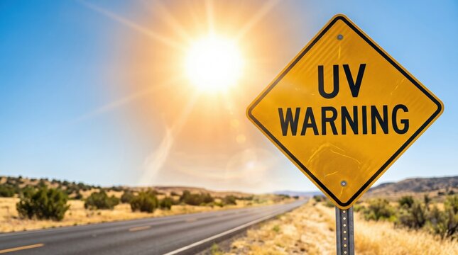 UV warning road sign under blazing summer sun. Extreme UV index, dangerous ultraviolet radiation, heat wave, sun exposure, skin protection and hot weather alert concept