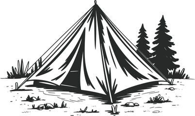 Hand drawn camping tent vector illustration, sketch line art forest nature background for outdoor adventure travel icon © Billal