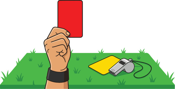 Referee shows red card with penalty cards and whistle on grass