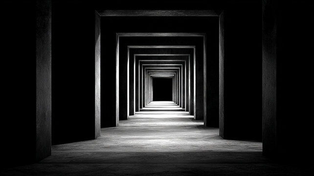 repeating door frames aligned into infinite perspective, fading into darkness, strong depth and symmetry, black and white photography