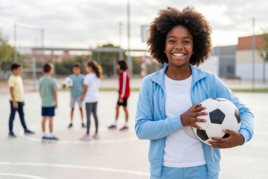 Young girl stands on a court holding a soccer ball with friends out of focus