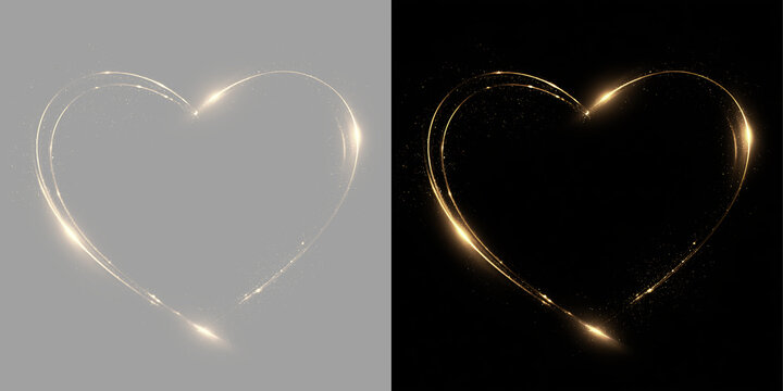 Glowing Gold Heart Shape on Black Background for Photo Overlays Scrapbooking Collages and Creative Compositions