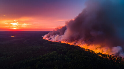 Fototapeta premium Aerial view of a raging wildfire in a dense forest