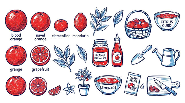 Vibrant vector illustration featuring a variety of citrus fruits, preparations, and gardening items for healthy culinary designs