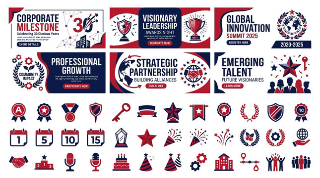 Modern vector graphics collection for corporate success, leadership vision, and strategic growth, featuring achievement badges and celebration icons ideal for business presentations