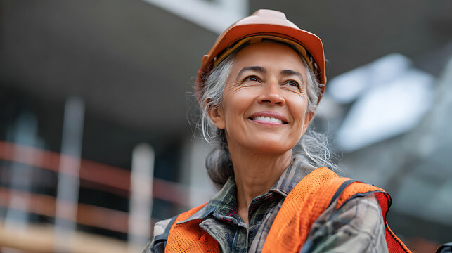 professional female contractor wearing hardhat and vest standing confidently at industrial work site