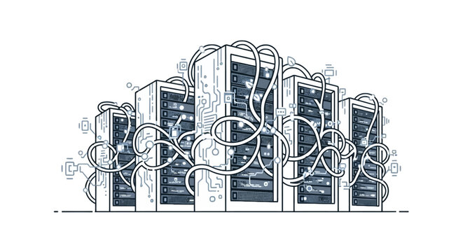 Complex data center server racks with circuit patterns