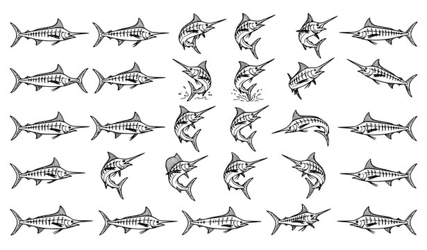 Thirty marlin fish line art illustrations in editable outline vector bundle isolated on white background for Adobe Illustrator EPS 10