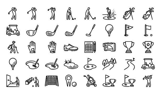 Modern golf outline icon set with player actions and equipment editable stroke vector illustration isolated on white background