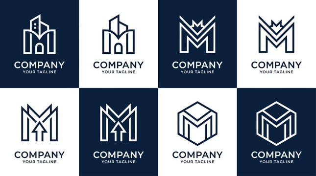Modern and creative letter M vector logo set, featuring abstract architectural building shapes and minimalist geometric designs for corporate identity and business branding solutions