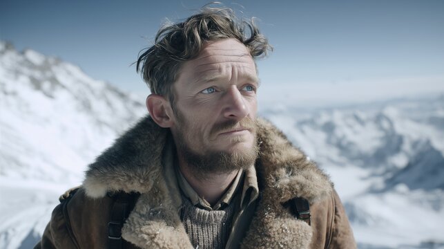 Caucasian male mountaineer with tousled hair and beard wearing a fur-lined jacket stands on a snowy mountain peak with a vast landscape of snow-capped mountains in the background