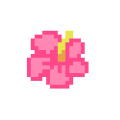 Fototapeta premium Pink tropical hibiscus flower retro pixel art isolated vector icon