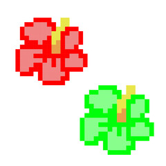 Fototapeta premium Cute red and green tropical hibiscus flowers pixel art vector icon asset