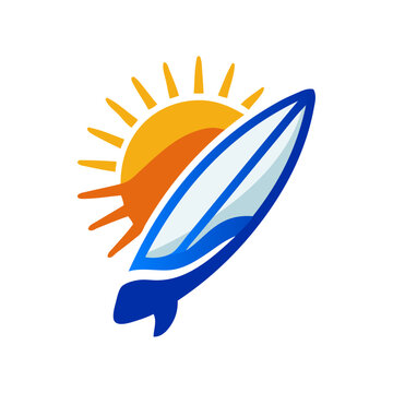 Logo club de surf. Vacaciones de verano. Dibujo sencillo de un sol asomando por detr&aacute;s de una tabla de surf