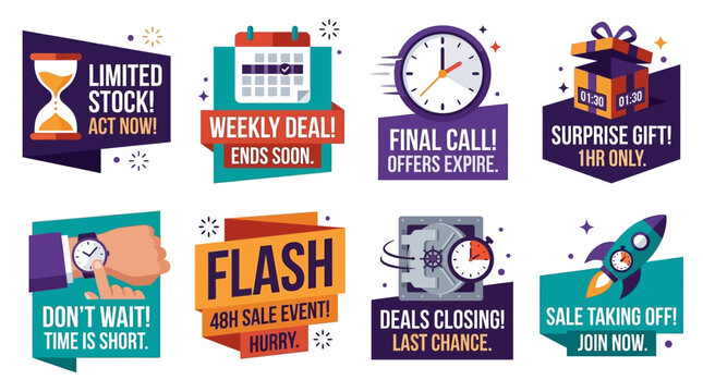 Dynamic vector illustrations for urgent sales, limited-time offers, and promotional countdowns. Ideal graphic elements for marketing campaigns to drive immediate customer action on online deals