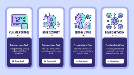 Fototapeta premium Smart Home Icons Vector Pack - Climate Control, Security, Energy, and Network Connectivity