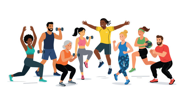 Diverse group of people performing various fitness exercises and gym workouts.