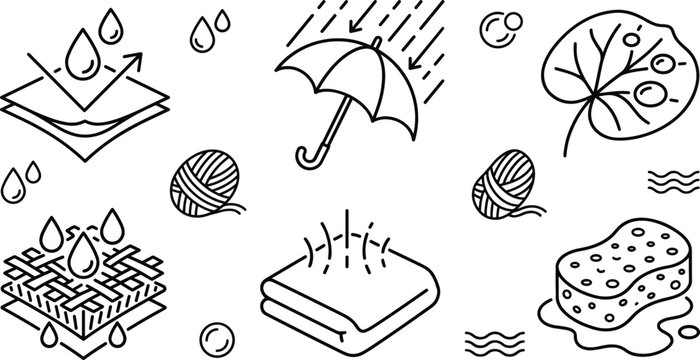 Waterproof fabric properties line icon set featuring umbrella absorbing sponge breathable textile surface and liquid repellent vector symbols
