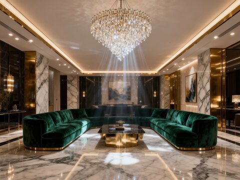 Luxurious modern living room with plush green velvet sectional sofa and crystal chandelier