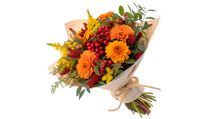 Beautiful autumn bouquet of fresh colorful flowers with orange blossoms isolated on transparent background cut out