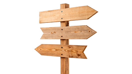 Blank rustic wooden signpost with three arrow pointers on pole isolated on transparent background cut out © Hanna