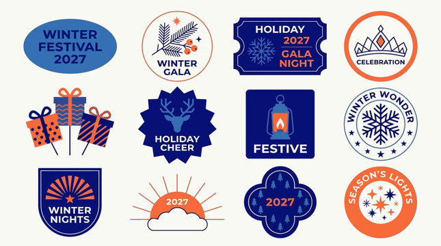 A delightful set of illustrated badges and festive logos designed for winter festivals, holiday galas, and seasonal celebrations, perfect for event promotion