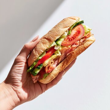 Hand holding fresh baguette sandwich with bacon, vegetables
