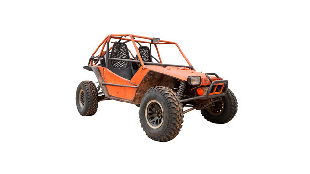 Modern orange four wheel drive offroad buggy safari vehicle isolated on transparent background cut out