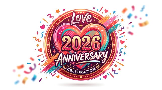 Vibrant love 2026 anniversary celebration emblem featuring a large decorative heart shape surrounded by colorful confetti and artistic brush strokes on a clean white background 