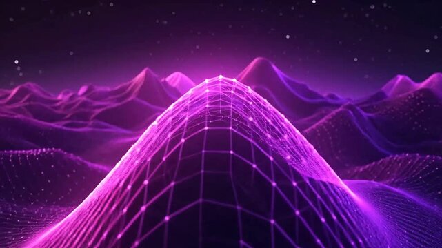 A digital landscape featuring glowing purple wireframe mountain peaks