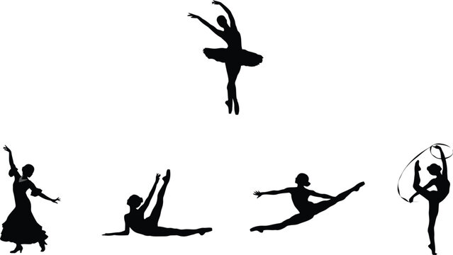 Elegant Dance Silhouette Collection Featuring Ballet Flamenco Rhythmic Gymnastics Performance Poses Black Vector Set Isolated On White Background