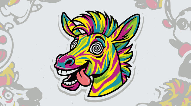 Colorful psychedelic donkey head mascot sticker on pattern background.