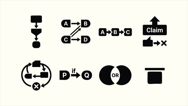 Black solid logical reasoning and flowchart process icon set vector